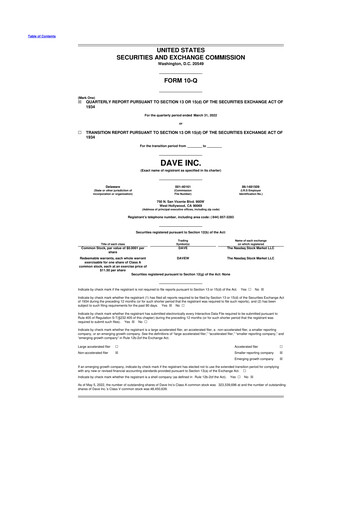 Thumbnail Dave Inc. 10-Q Quarterly Report FY2022 