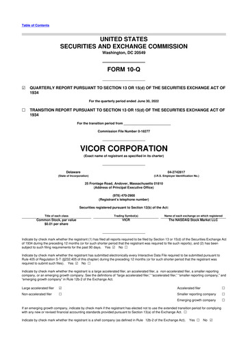 Miniature Vicor
 10-Q Rapport trimestriel 2022 