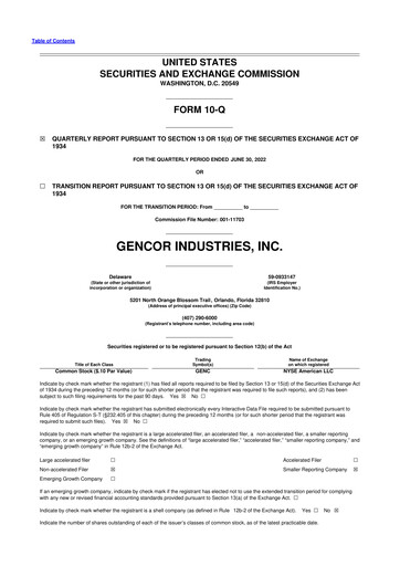 Miniature Gencor Industries
 10-Q Rapport trimestriel  