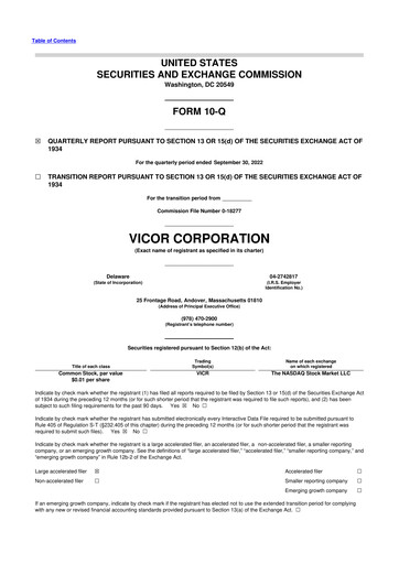 Miniature Vicor
 10-Q Rapport trimestriel 2022 