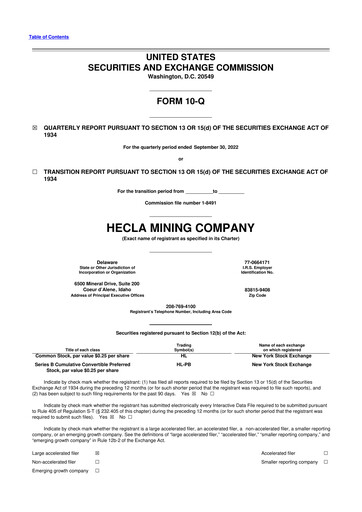 Miniature Hecla Mining
 10-Q Rapport trimestriel 2022 