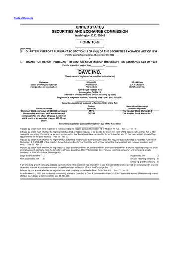 Thumbnail Dave Inc. 10-Q Quarterly Report FY2022 