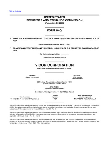 Miniature Vicor
 10-Q Rapport trimestriel 2023 