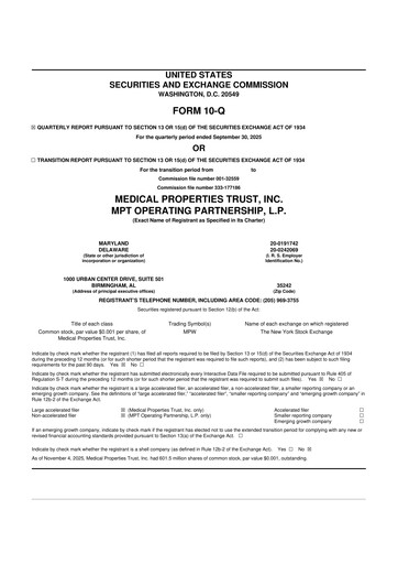 Thumbnail Medical Properties Trust
 10-Q Quarterly Report FY 
