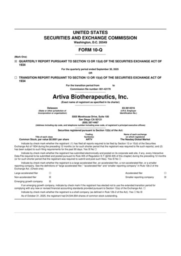 Thumbnail Artiva Biotherapeutics 10-Q Quarterly Report FY2025 