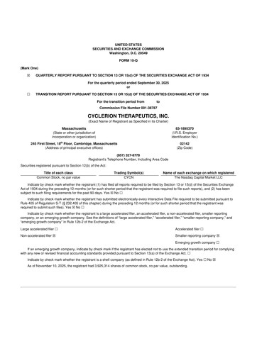 Miniature Cyclerion Therapeutics
 10-Q Rapport trimestriel 2025 