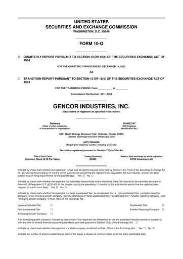 Miniature Gencor Industries
 10-Q Rapport trimestriel 2026 