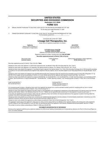 Thumbnail Lineage Cell Therapeutics
 10-K Annual Report 2025