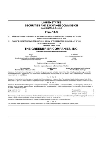 Thumbnail The Greenbrier Companies
 10-Q Quarterly Report FY 