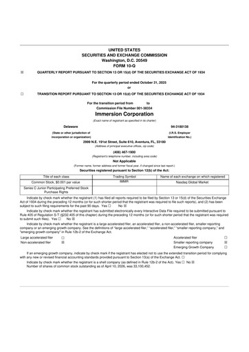 Miniature Immersion Corporation
 10-Q Rapport trimestriel  