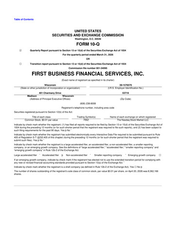 Thumbnail First Business Financial Services 10-Q Quarterly Report FY 