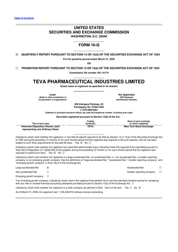 Thumbnail Teva Pharmaceutical Industries 10-Q Quarterly Report FY 