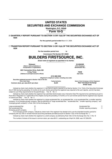 Thumbnail Builders FirstSource
 10-Q Quarterly Report FY 