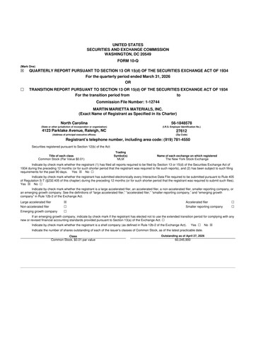 Thumbnail Martin Marietta Materials 10-Q Quarterly Report FY 