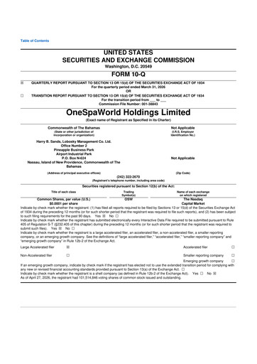 Thumbnail OneSpaWorld 10-Q Quarterly Report FY 
