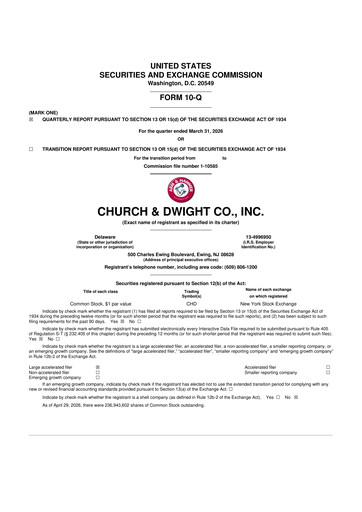 Thumbnail Church & Dwight
 10-Q Quarterly Report FY 