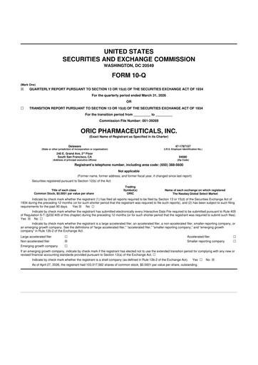 Miniature ORIC Pharmaceuticals
 10-Q Rapport trimestriel  