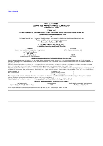 Miniature Axsome Therapeutics
 10-Q Rapport trimestriel  