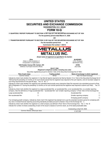 Miniature Metallus 10-Q Rapport trimestriel  
