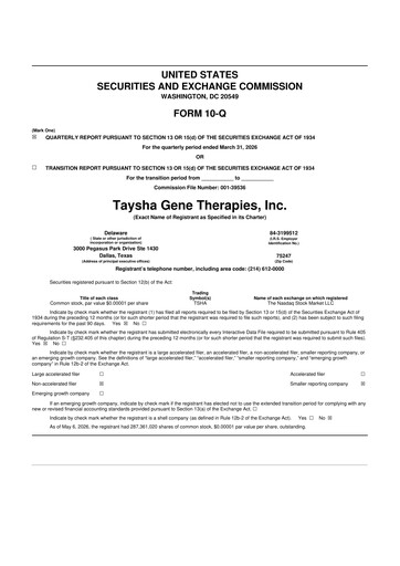 Thumbnail Taysha Gene Therapies 10-Q Quarterly Report FY 