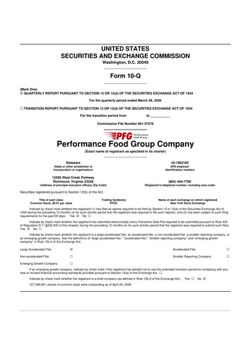 Thumbnail Performance Food Group 10-Q Quarterly Report FY 