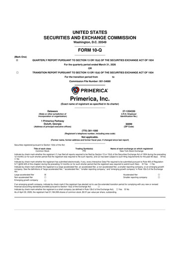 Thumbnail Primerica
 10-Q Quarterly Report FY 