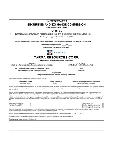 Thumbnail Targa Resources
 10-Q Quarterly Report FY 