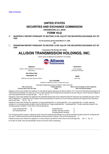 Thumbnail Allison Transmission
 10-Q Quarterly Report FY 