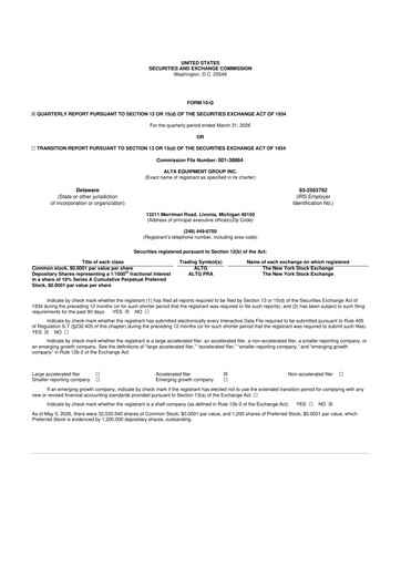 Miniature Alta Equipment Group 10-Q Rapport trimestriel  