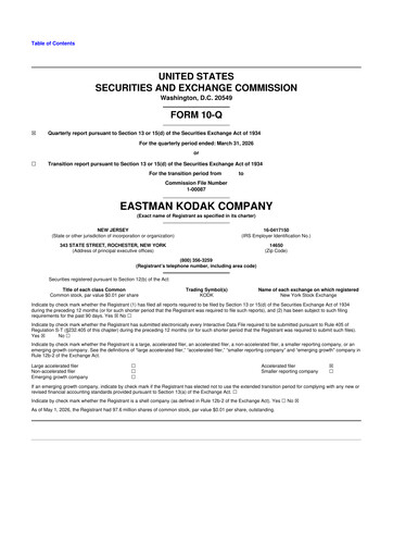 Thumbnail Eastman Kodak Company 10-Q Quarterly Report FY 