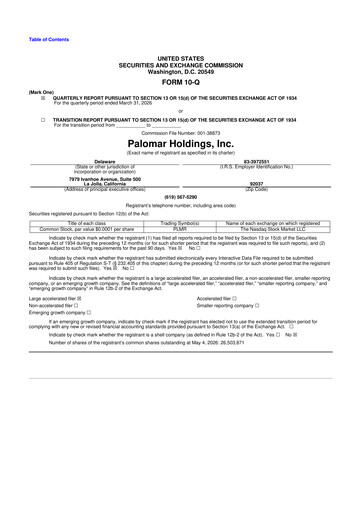 Thumbnail Palomar Holdings 10-Q Quarterly Report FY 