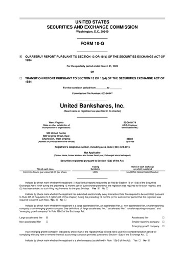 Thumbnail United Bankshares 10-Q Quarterly Report FY 