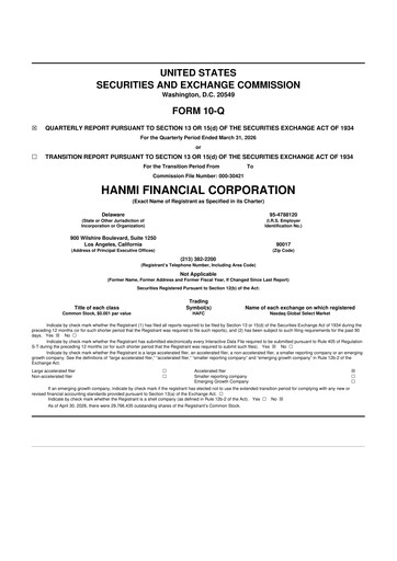 Miniature Hanmi Financial 10-Q Rapport trimestriel  