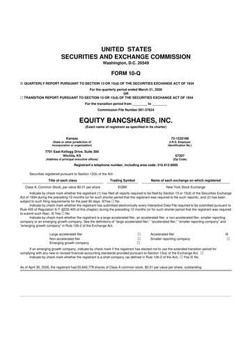 Thumbnail Equity Bancshares 10-Q Quarterly Report FY 