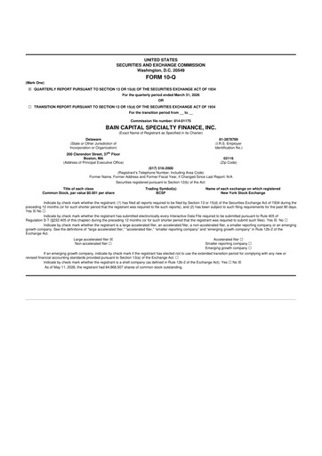 Miniature Bain Capital Specialty Finance
 10-Q Rapport trimestriel  
