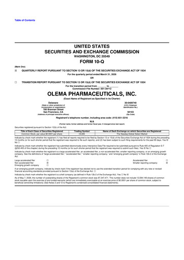Vorschaubild Olema Pharmaceuticals 10-Q Quartalsbericht  