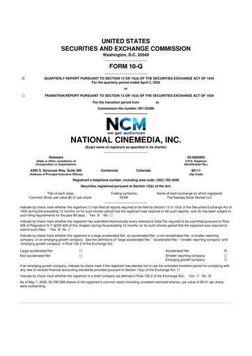 Thumbnail National CineMedia 10-Q Quarterly Report FY 