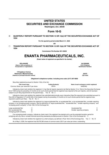 Thumbnail Enanta Pharmaceuticals
 10-Q Quarterly Report FY 