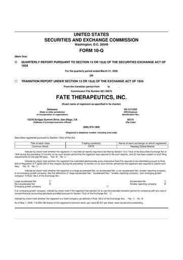 Miniature Fate Therapeutics
 10-Q Rapport trimestriel  