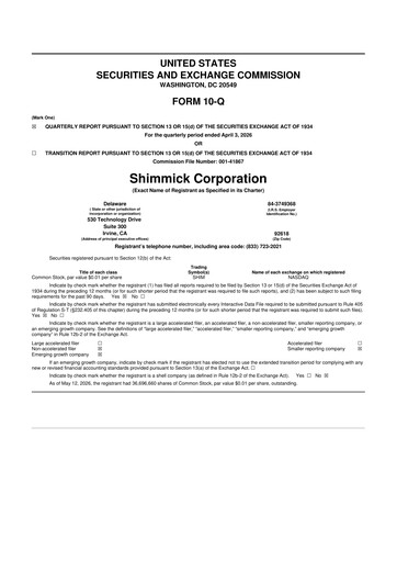 Miniature Shimmick 10-Q Rapport trimestriel  