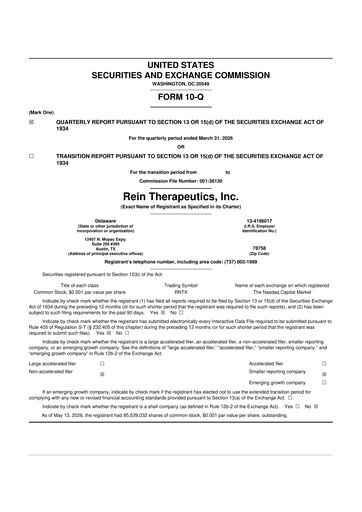 Miniature Rein Therapeutics 10-Q Rapport trimestriel  