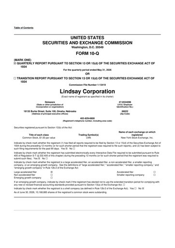 Miniature Lindsay Corporation
 10-Q Rapport trimestriel 2026 