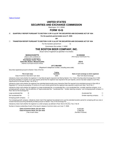 Miniature Boston Beer Company 10-Q Rapport trimestriel 2026 