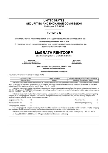 Thumbnail McGrath RentCorp
 10-Q Quarterly Report FY2026 