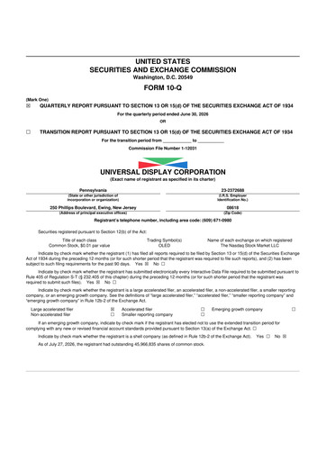 Thumbnail Universal Display Corporation
 10-Q Quarterly Report FY2026 
