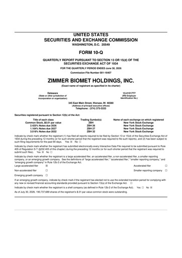 Thumbnail Zimmer Biomet 10-Q Quarterly Report FY2026 