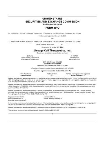 Thumbnail Lineage Cell Therapeutics
 10-Q Quarterly Report FY2026 