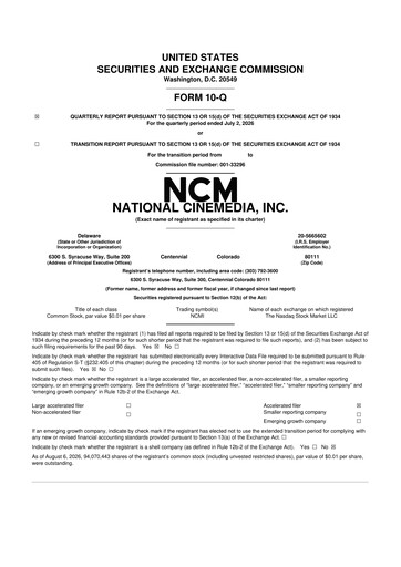 Thumbnail National CineMedia 10-Q Quarterly Report FY2026 