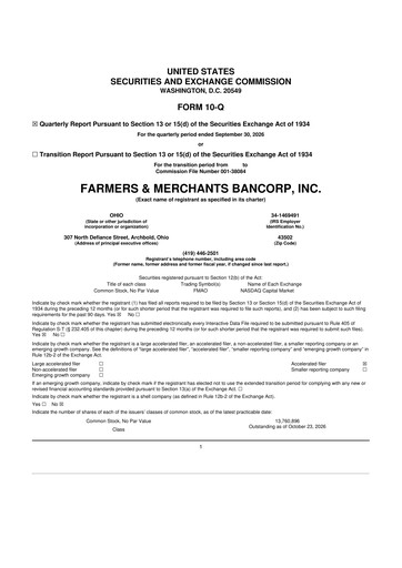 Thumbnail Farmers &amp; Merchants Bancorp 10-Q Quarterly Report FY2026 Q3