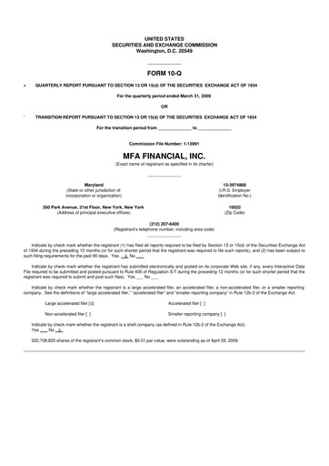 Thumbnail MFA Financial 10-Q Quarterly Report FY 